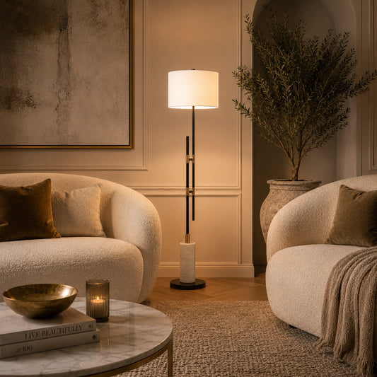 Kensington marble floor lamp with white drum shade and brass accents