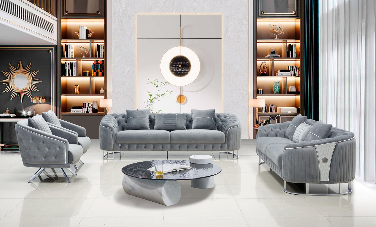 Royal Modern Fabric Sofa Set Grey