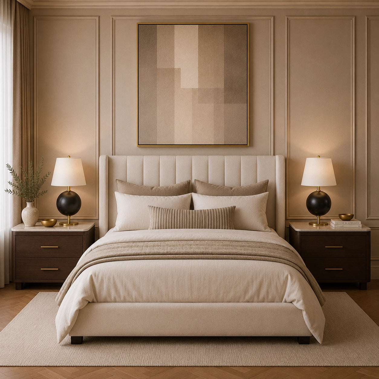 Modern bedside lamp featuring a black globe base and brass accents