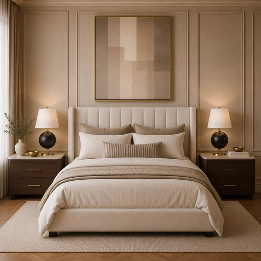 Modern bedside lamp featuring a black globe base and brass accents