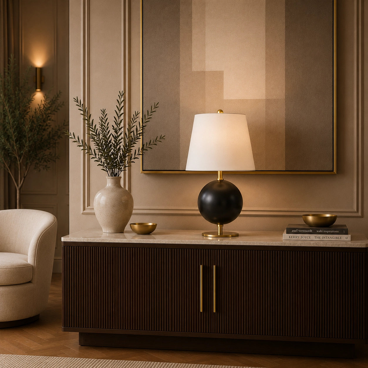 Designer table lamp with spherical black base and white tapered shade