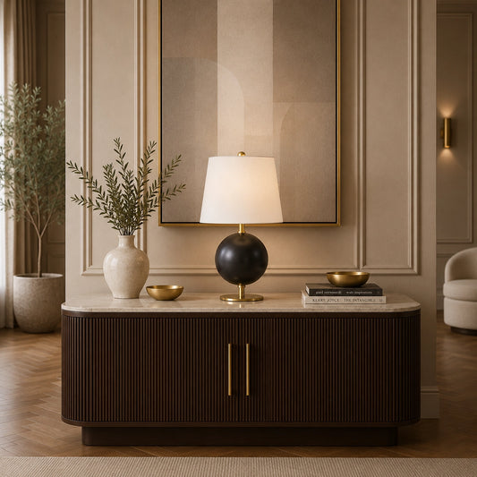 Linear black and brass table lamp with white fabric shade
