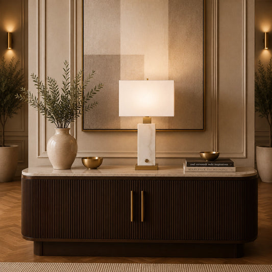 Lumiere marble table lamp with white rectangular shade and brass accents