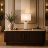 Lumiere marble table lamp with white rectangular shade and brass accents