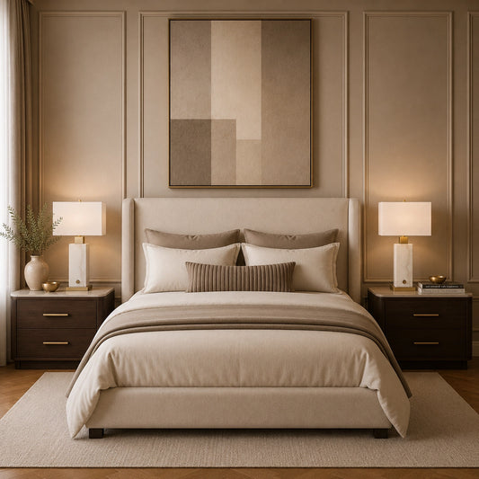 Luxury bedside lamp featuring a marble-look base and white fabric shade