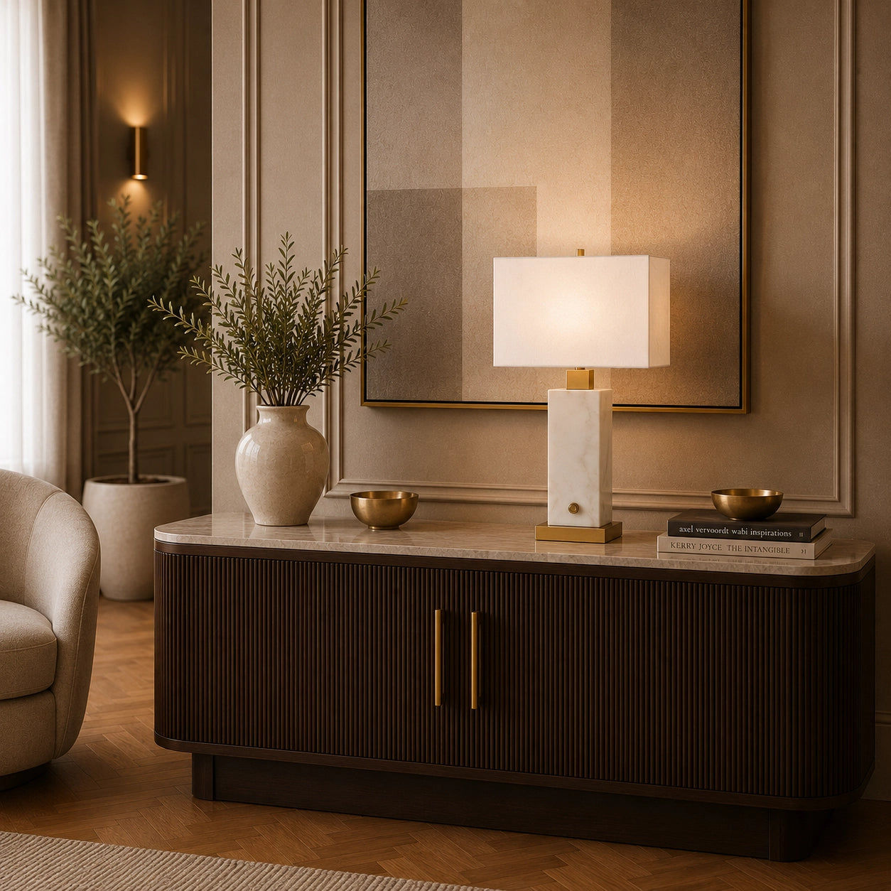 Designer table lamp with brass detailing and white rectangular lampshade