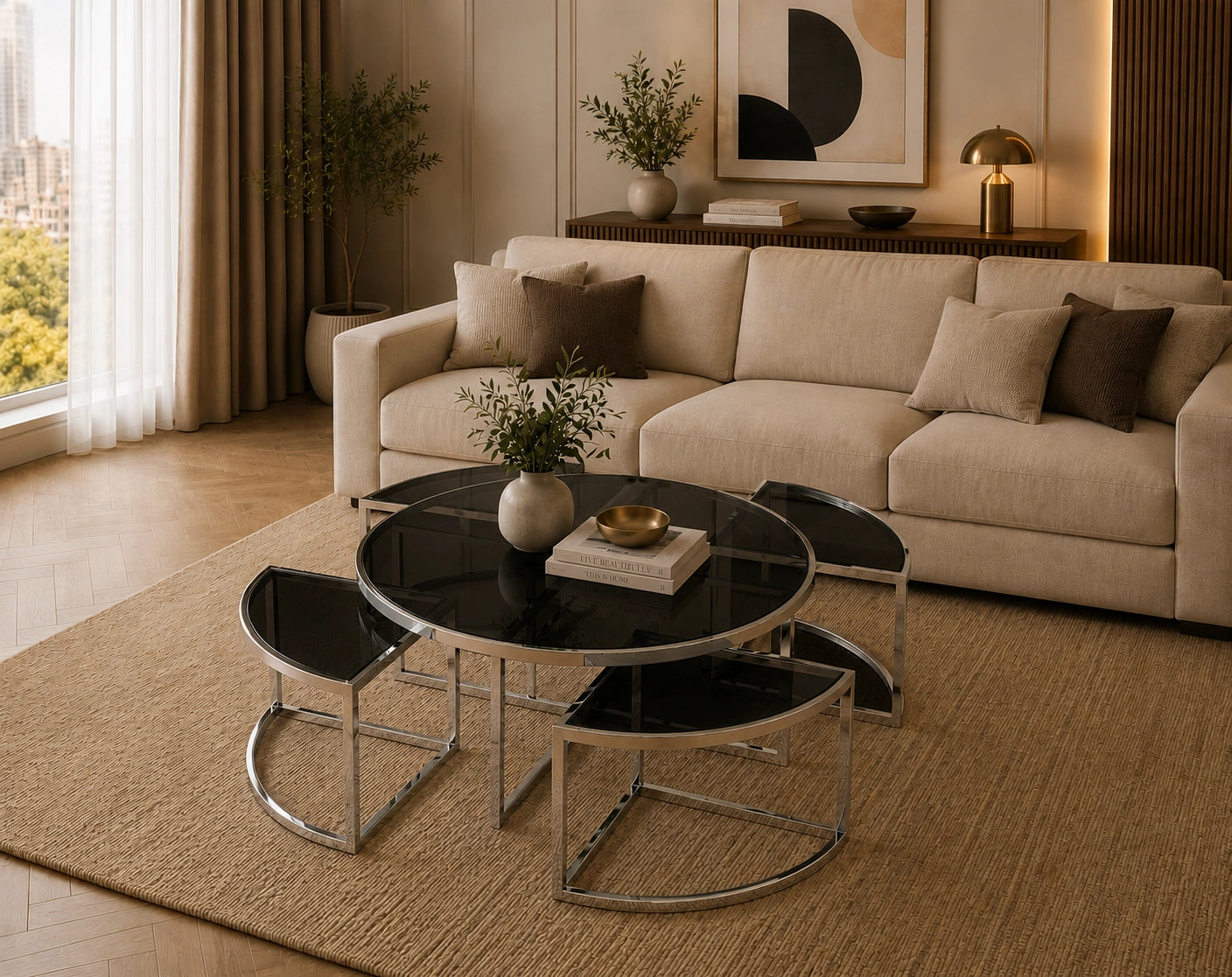 Luther Black Glass Round Coffee Table Black Silver