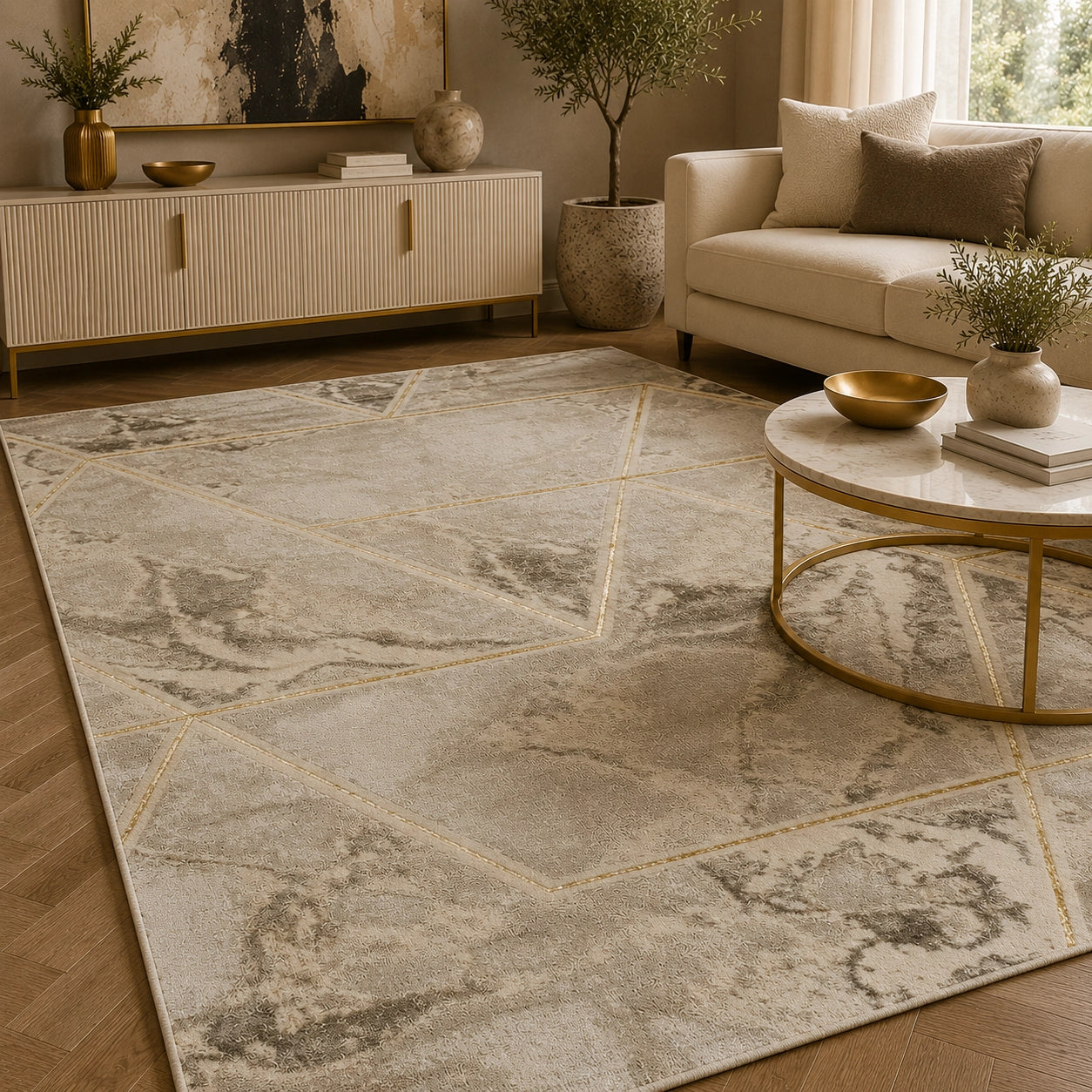 Marmaris D461A Beige V Gold Modern Area Rug
