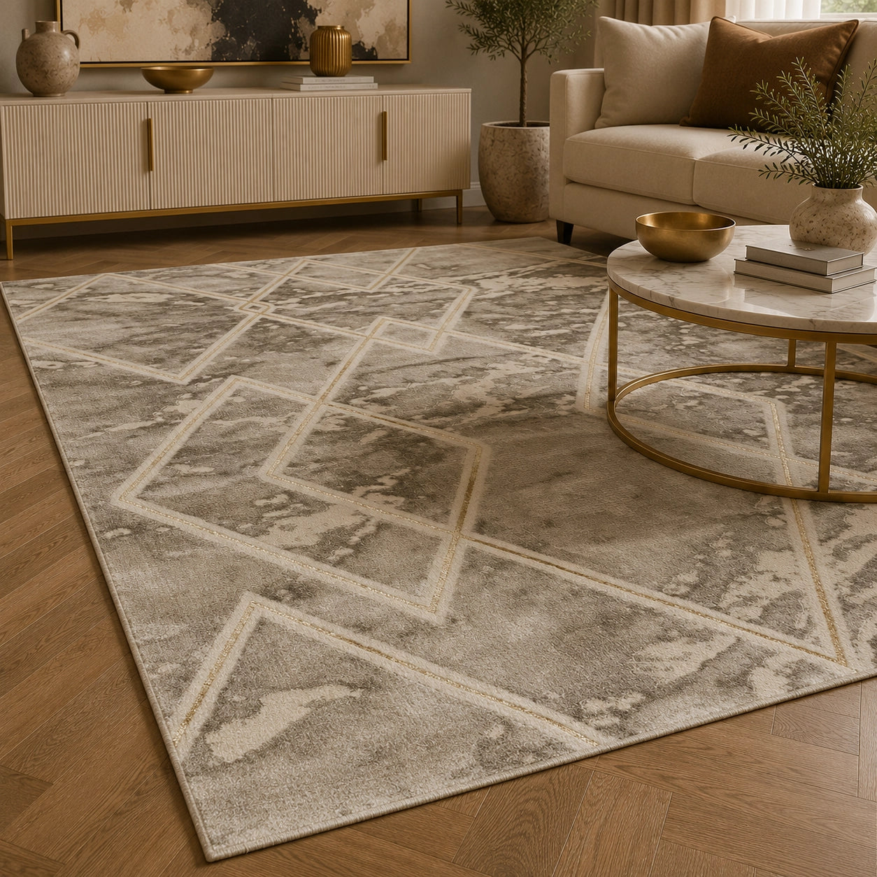 Marmaris D633A Beige V Gold Modern Area Rug