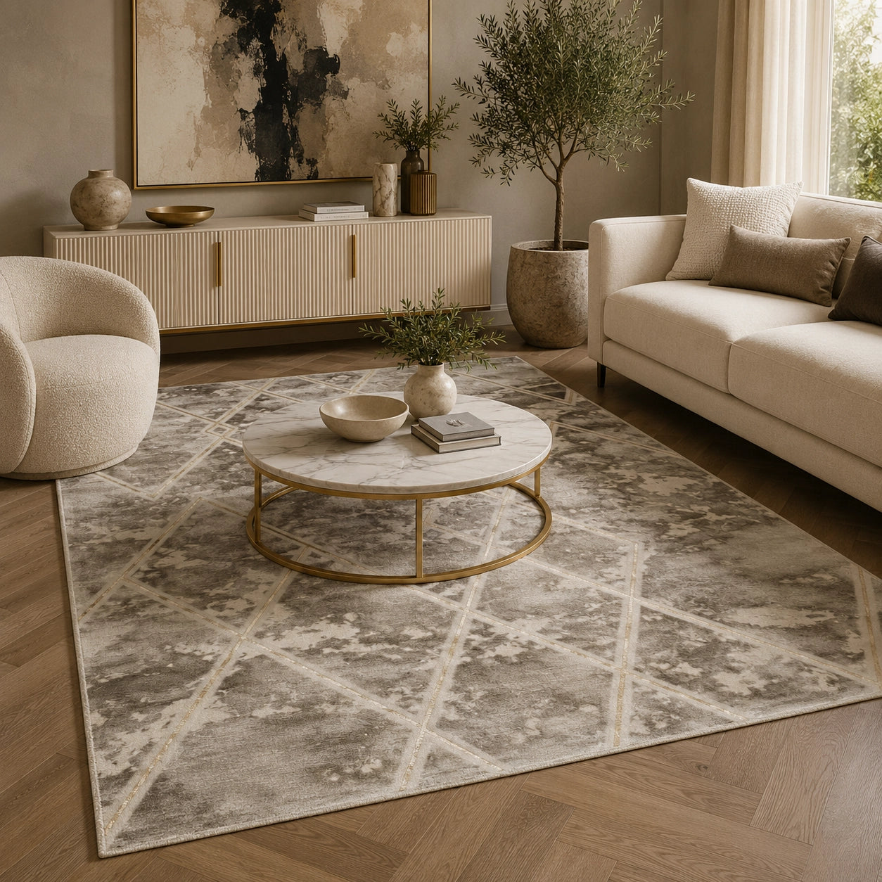Marmaris D633A Beige V Gold Modern Area Rug