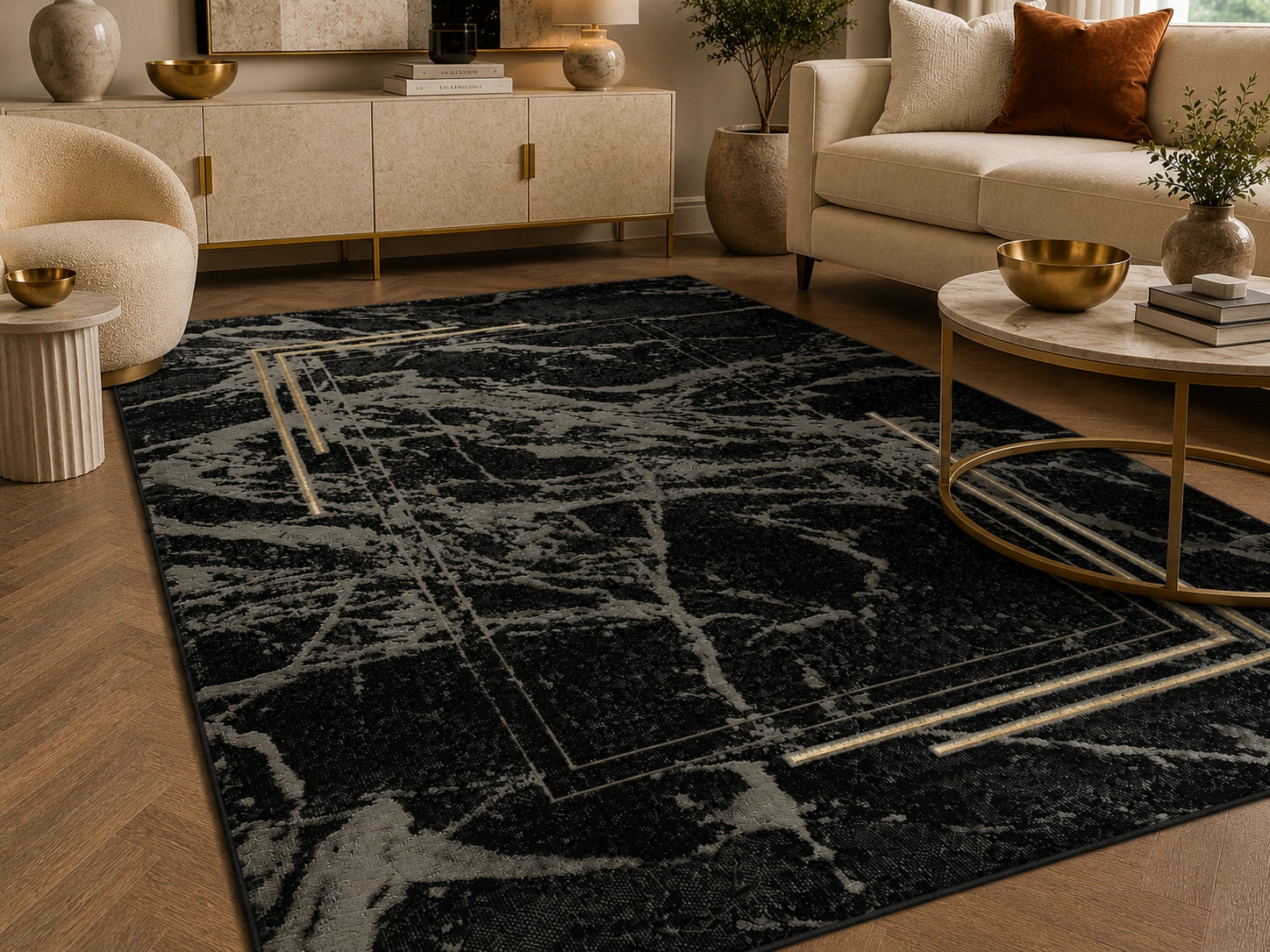 Marmaris E529D Black V Gold Modern Area Rug