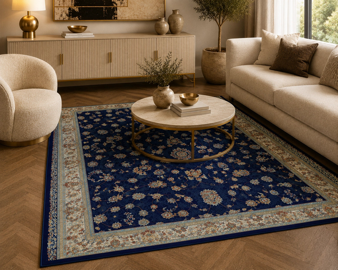 Mashad 722130 Traditional Persian Area Rug Dark Blue