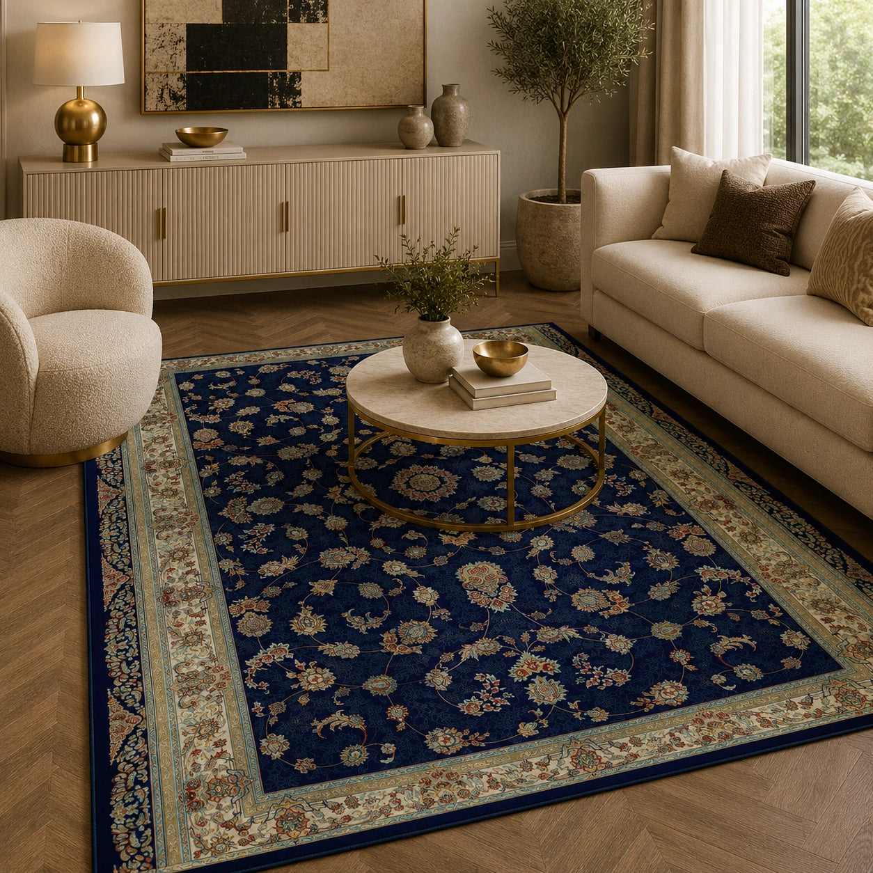 Mashad 722130 Traditional Persian Area Rug Dark Blue
