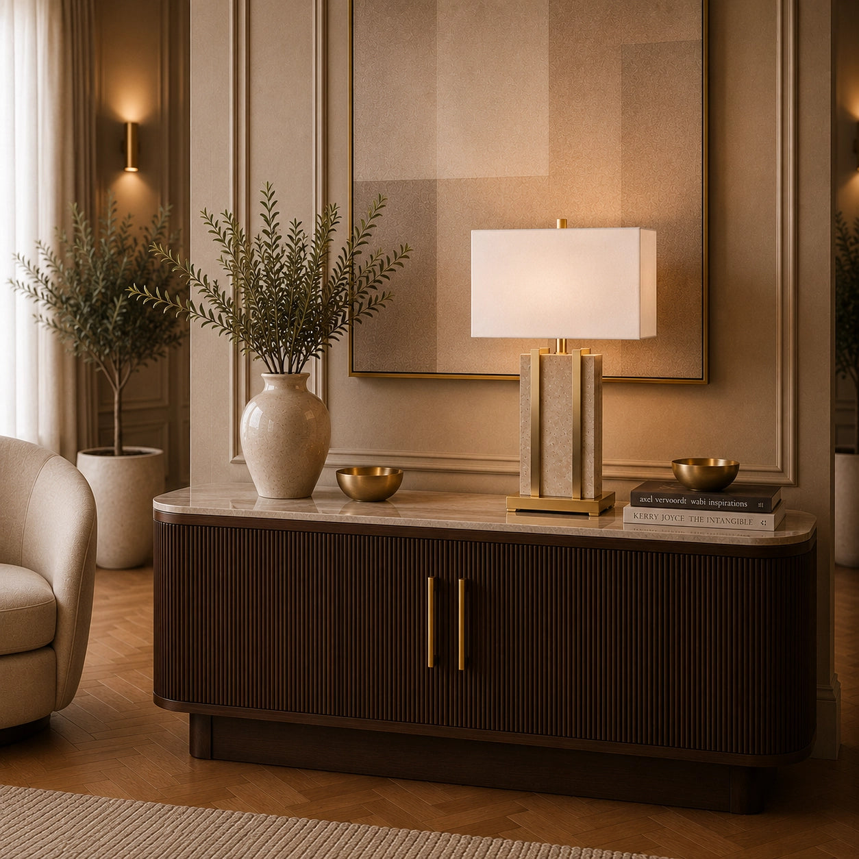 Designer bedside lamp with travertine-look body and white fabric shade