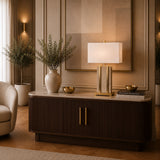 Designer bedside lamp with travertine-look body and white fabric shade