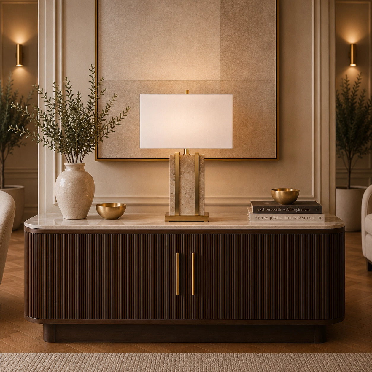 Milan travertine table lamp with white rectangular shade and brass frame
