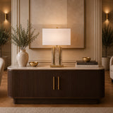 Milan travertine table lamp with white rectangular shade and brass frame