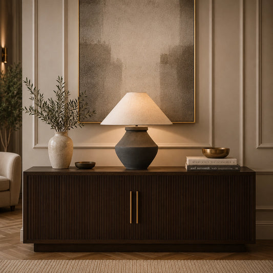 Modern black ceramic table lamp with natural linen shade