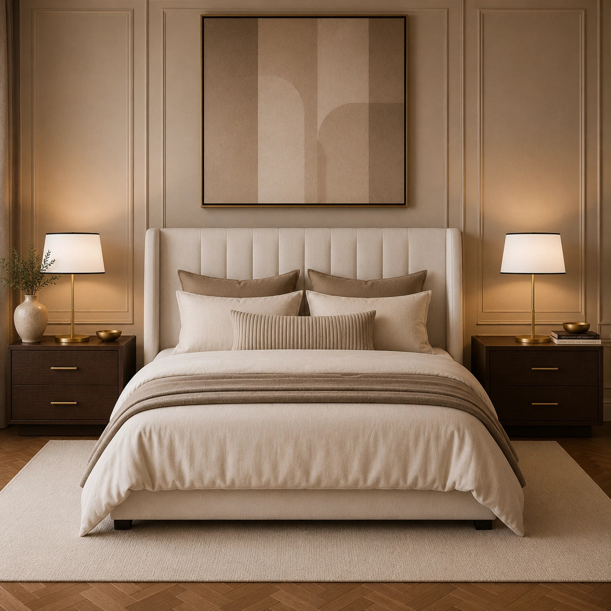 Luxury bedside lamp featuring a brushed brass base and designer shade