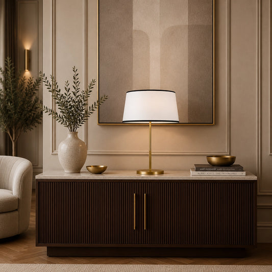 Montclair brass table lamp with white fabric shade and black trim