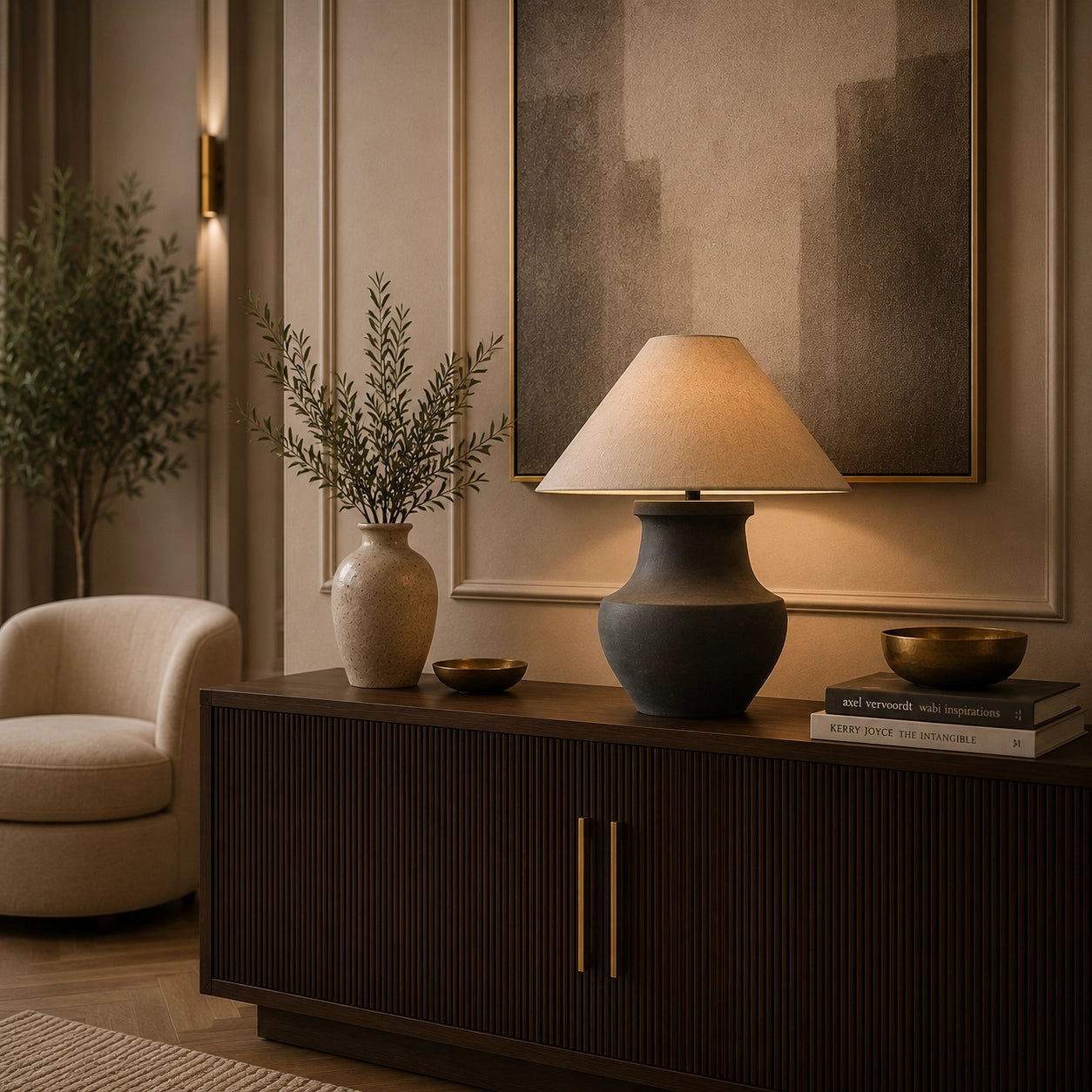Scandinavian table lamp with black ceramic-look base and linen shade