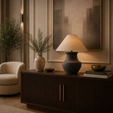 Scandinavian table lamp with black ceramic-look base and linen shade