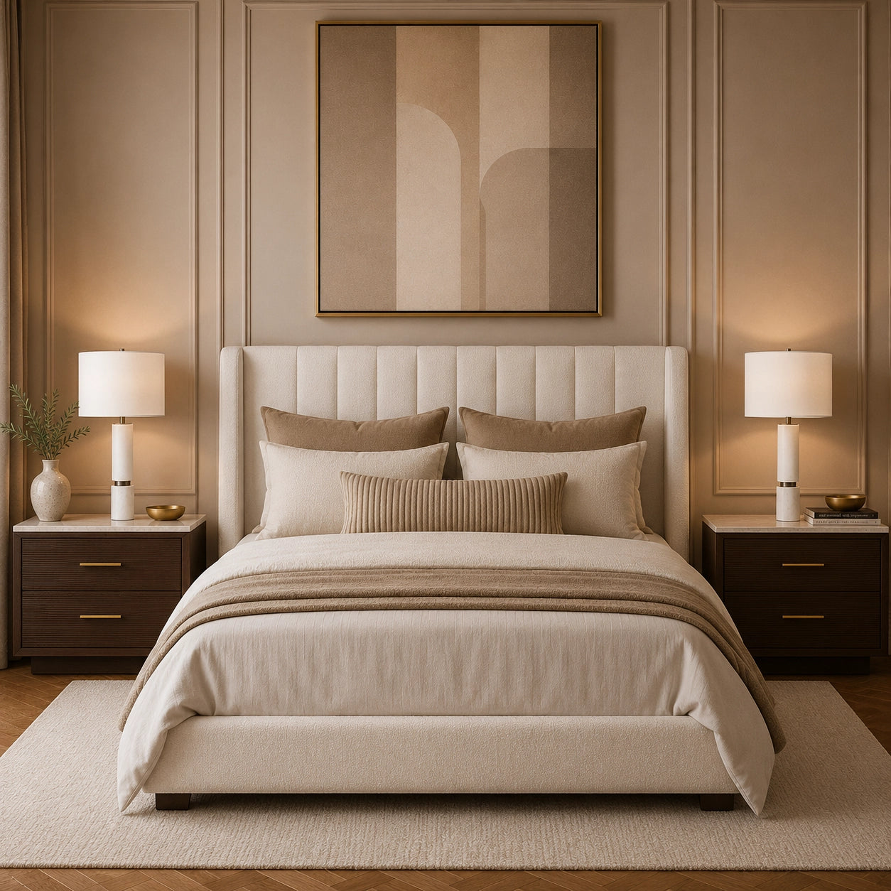 Modern bedside lamp featuring a white marble-look base and white shade