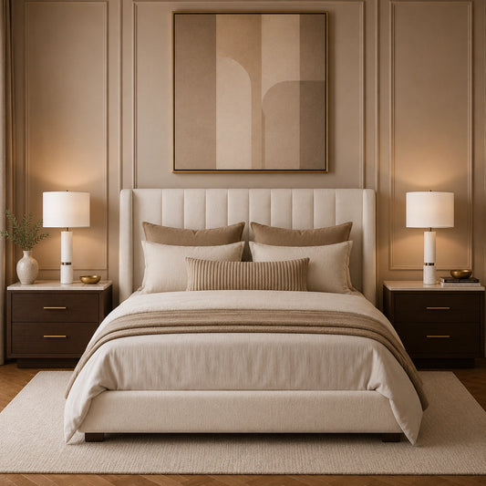 Modern bedside lamp featuring a white marble-look base and white shade