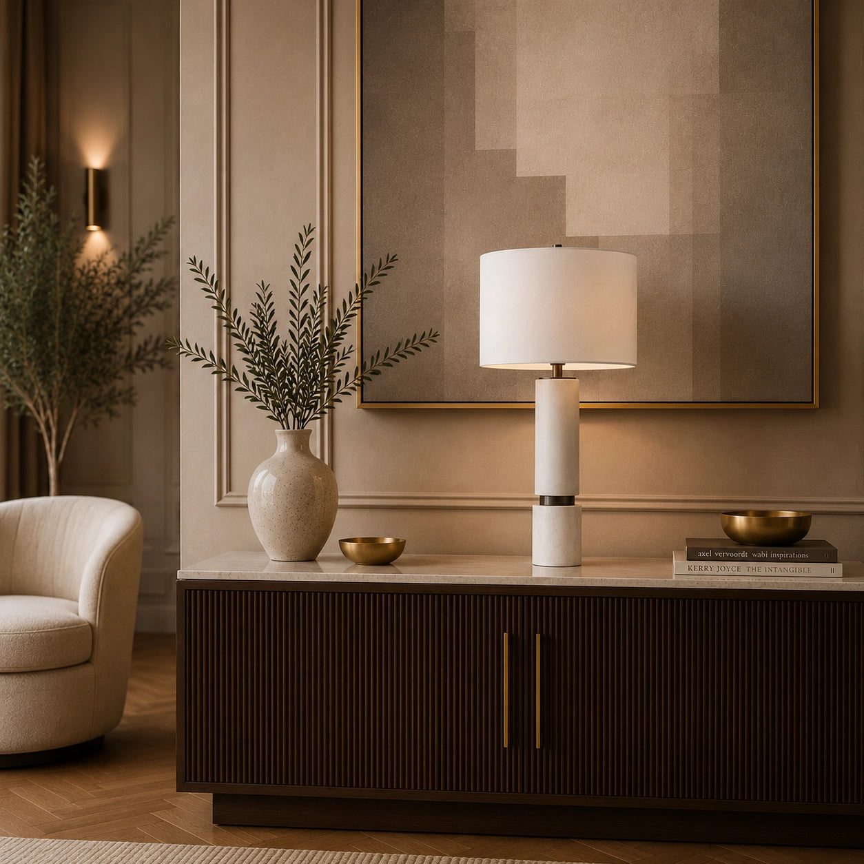 Luxury contemporary table lamp with cylindrical marble base and drum shade
