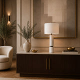 Luxury contemporary table lamp with cylindrical marble base and drum shade