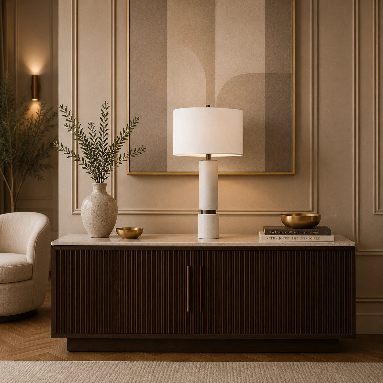 Prescott marble table lamp with white drum shade and brushed metal accents