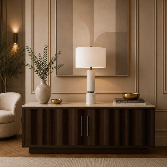 Prescott marble table lamp with white drum shade and brushed metal accents