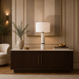 Prescott marble table lamp with white drum shade and brushed metal accents