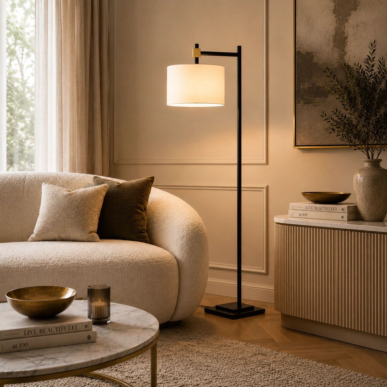 Modern floor lamp featuring a matte black frame and white fabric shade