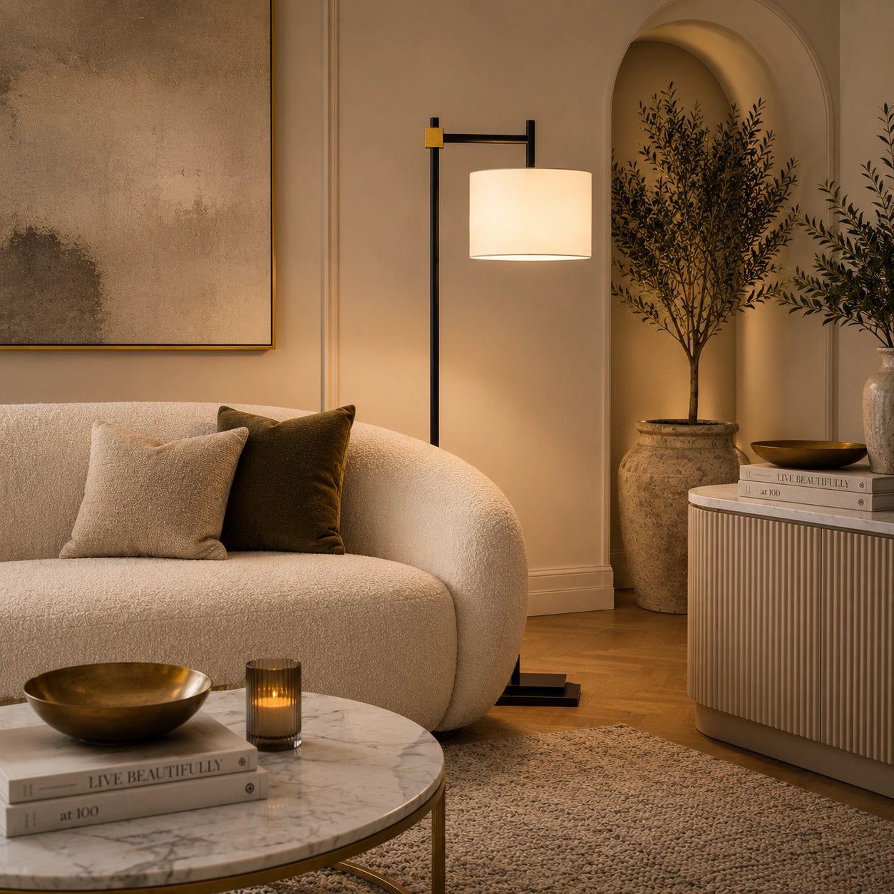 Designer floor lamp with architectural black frame and brass detailing