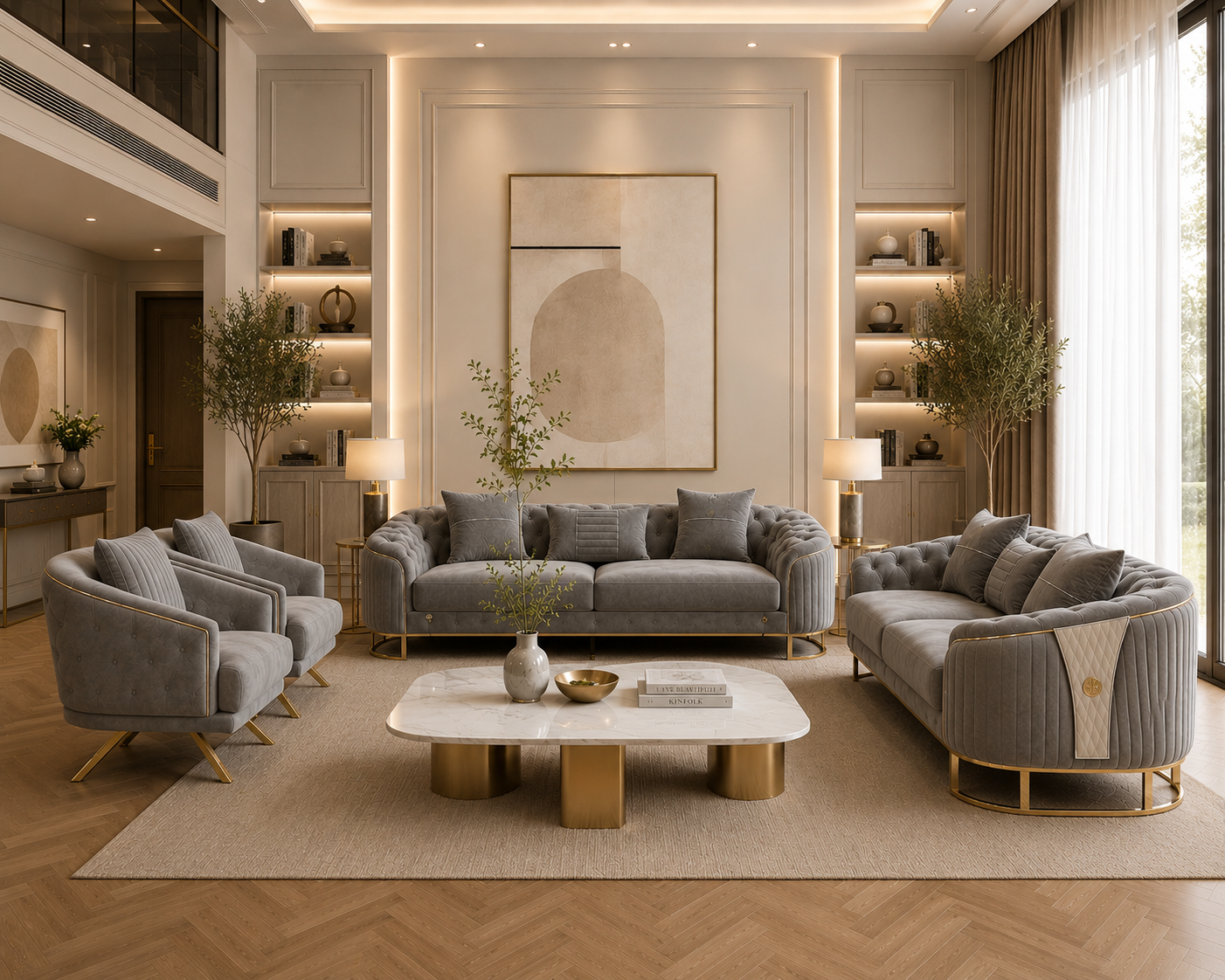 Royal Modern Fabric Sofa Set Grey