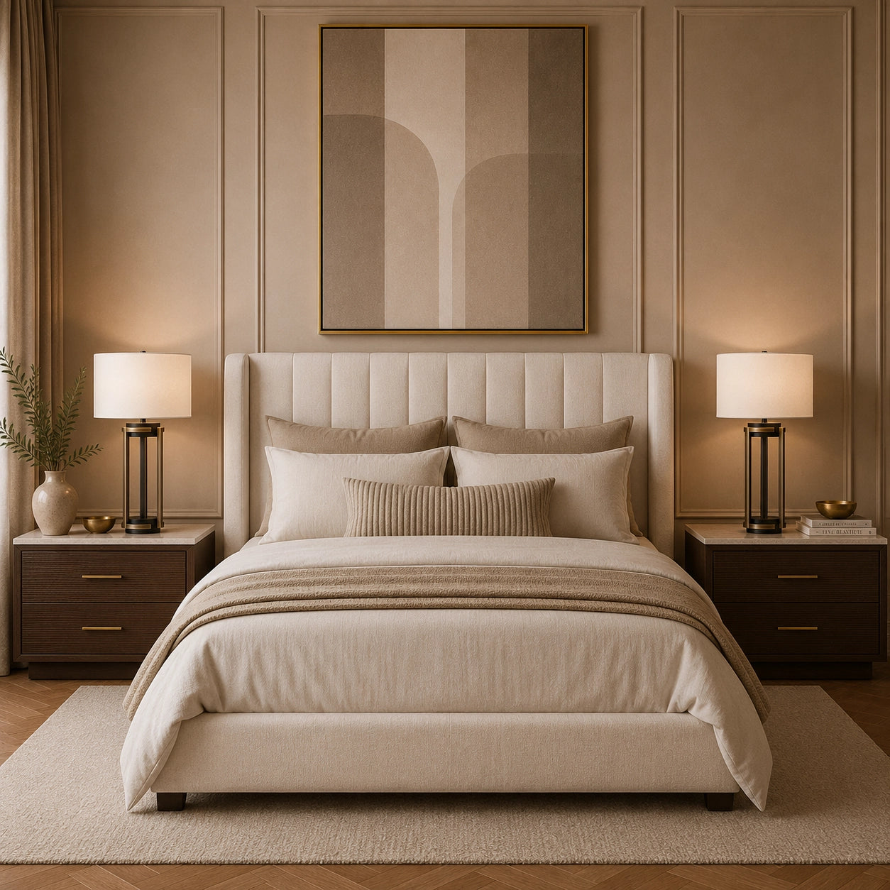 Modern designer bedside lamp featuring an open brass frame