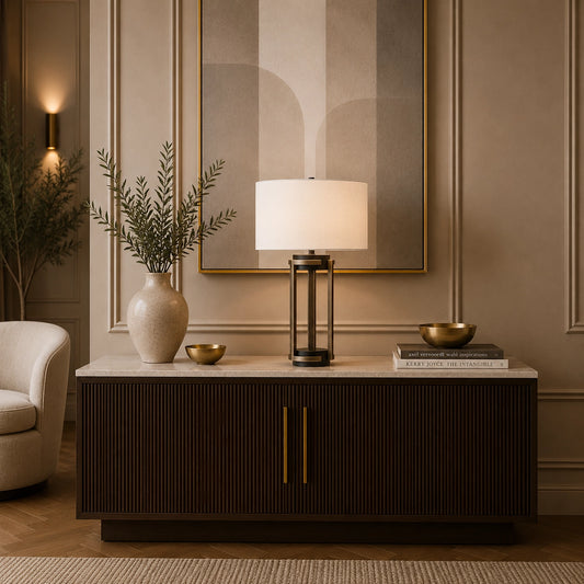 Sinclair brass table lamp with white drum shade and black accents