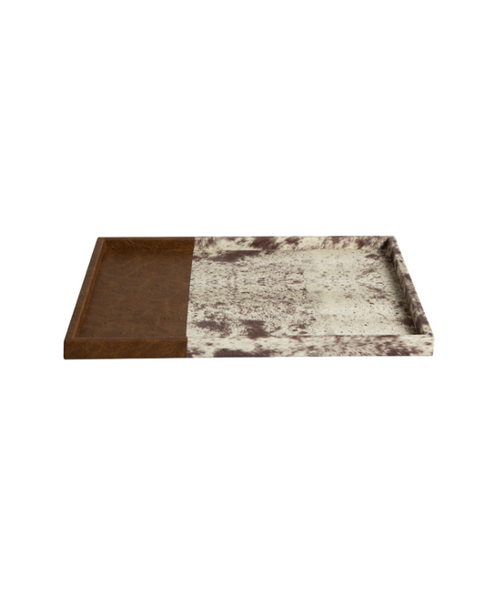 Wood+Leather Fur Grain Tray Brown Handcrafted Home Décor