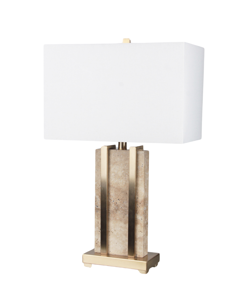 Contemporary Light Travertine Marble Base Table Lamp Cream Linen Fabric Shade