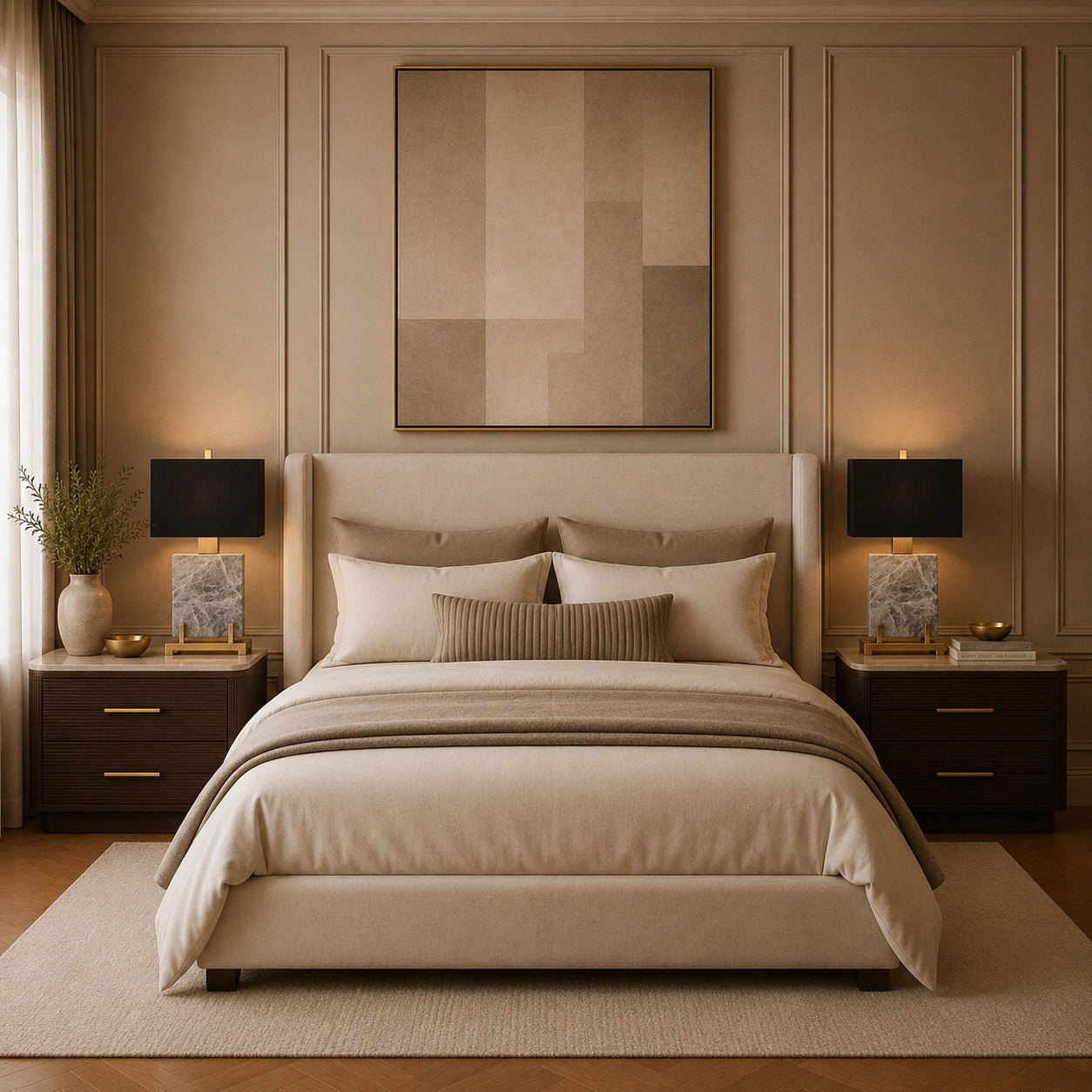 Luxury designer lamp featuring grey marble base and black fabric shade