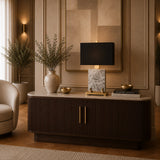 Modern table lamp with marble block base and brushed brass detailing