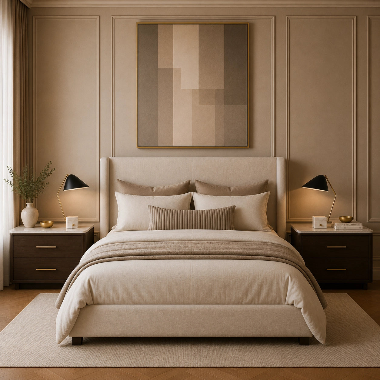 Modern designer bedside lamp featuring a marble base and black shade