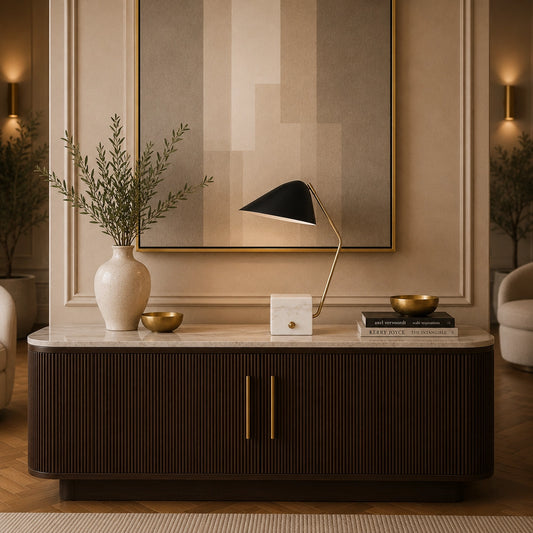 Zenith marble table lamp with black metal shade and brass arm